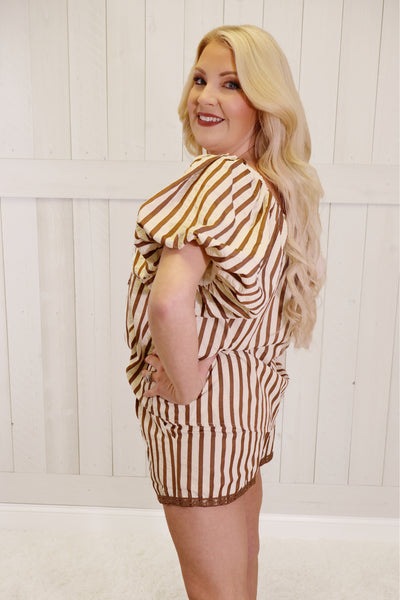 Umgee Striped 2 Piece Shorts Set Brown