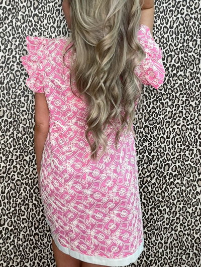 Voy Pink Embroidered Ruffle Sleeve Ribbon Dress