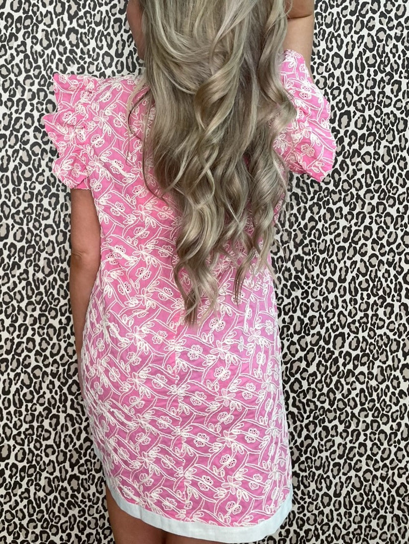 Voy Pink Embroidered Ruffle Sleeve Ribbon Dress