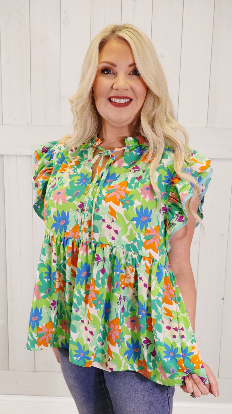 Green Floral Top with Ruffles