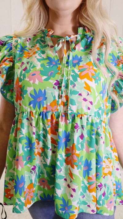 Green Floral Top with Ruffles