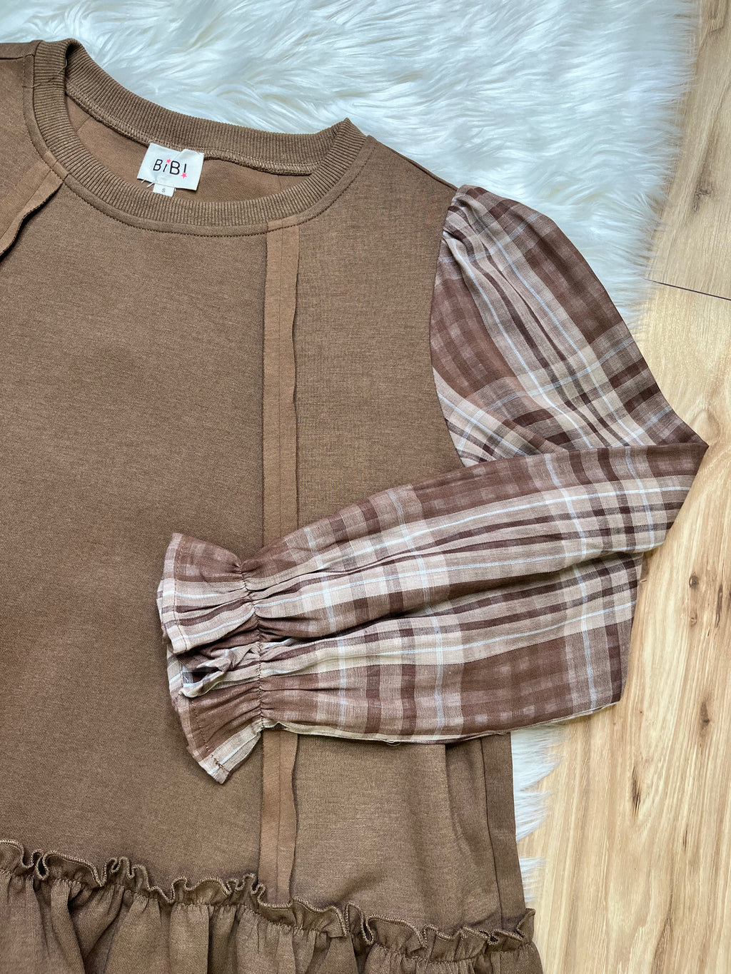 Women’s Bibi Mocha Plaid Ruffle Top- Oversized