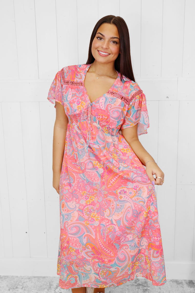 Umgee Pink and Blue Paisley Print Dress