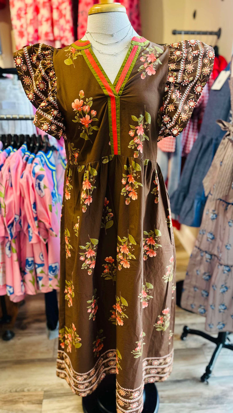 Entro Brown V-Neck Midi Dress