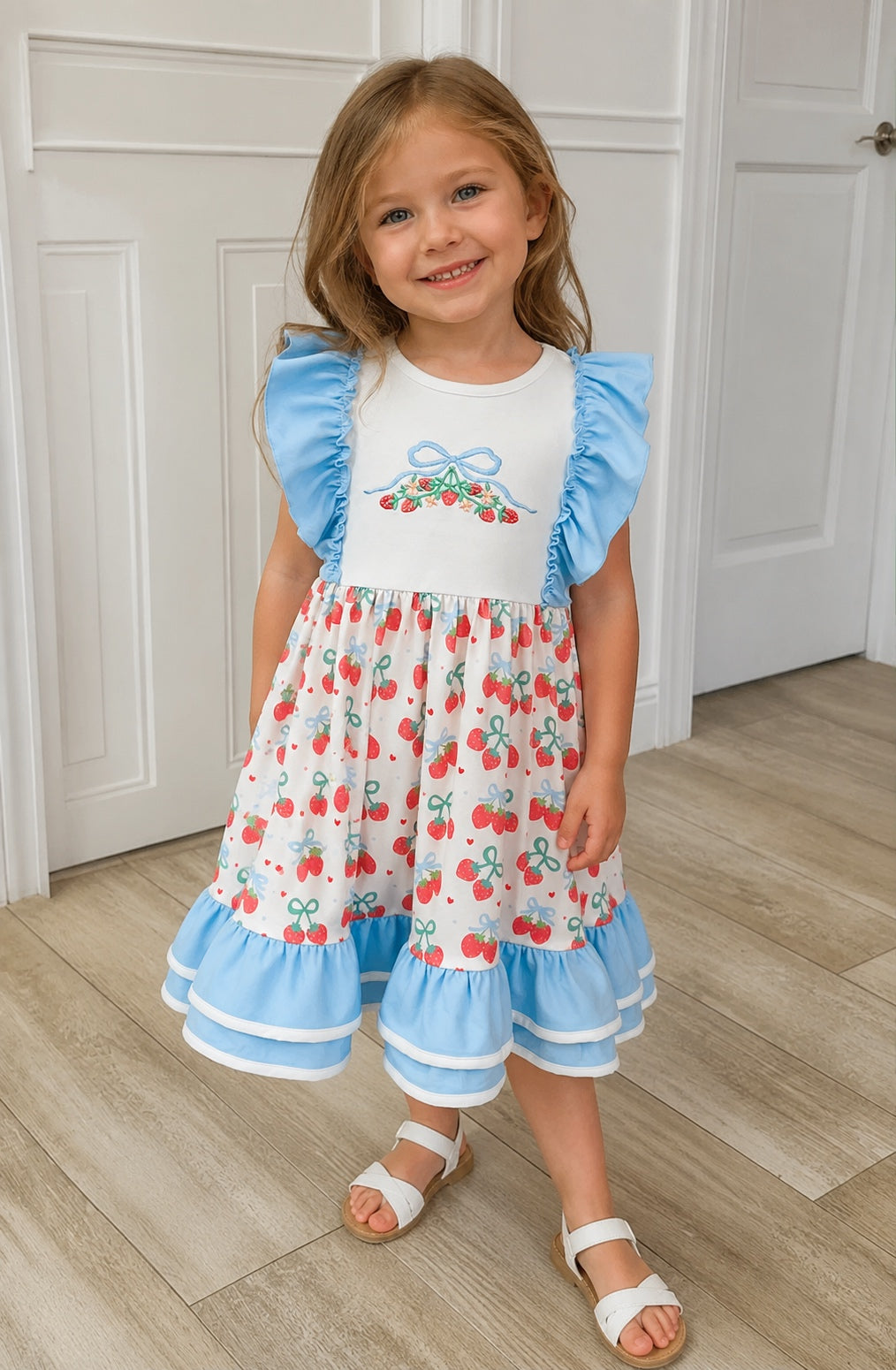 Girls Strawberry Embroidered Ruffle Dress