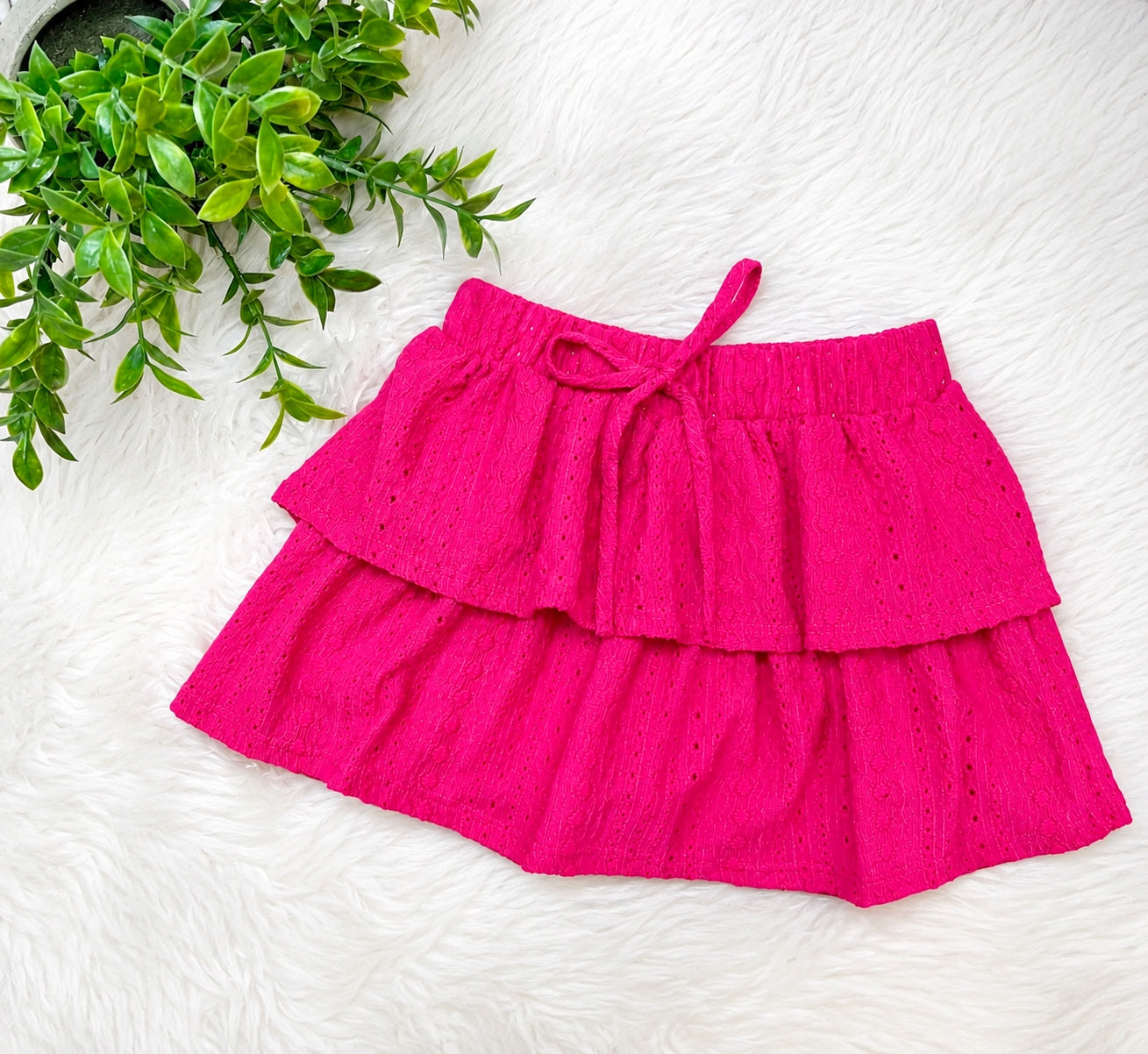 Girl’s Hot Pink Embroidered Eyelet Tiered Ruffle Skort