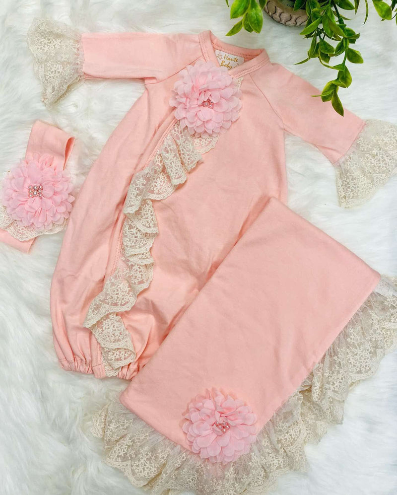 Baby Pink 3 Piece Gown Set (Gown, Headband, and Blanket)