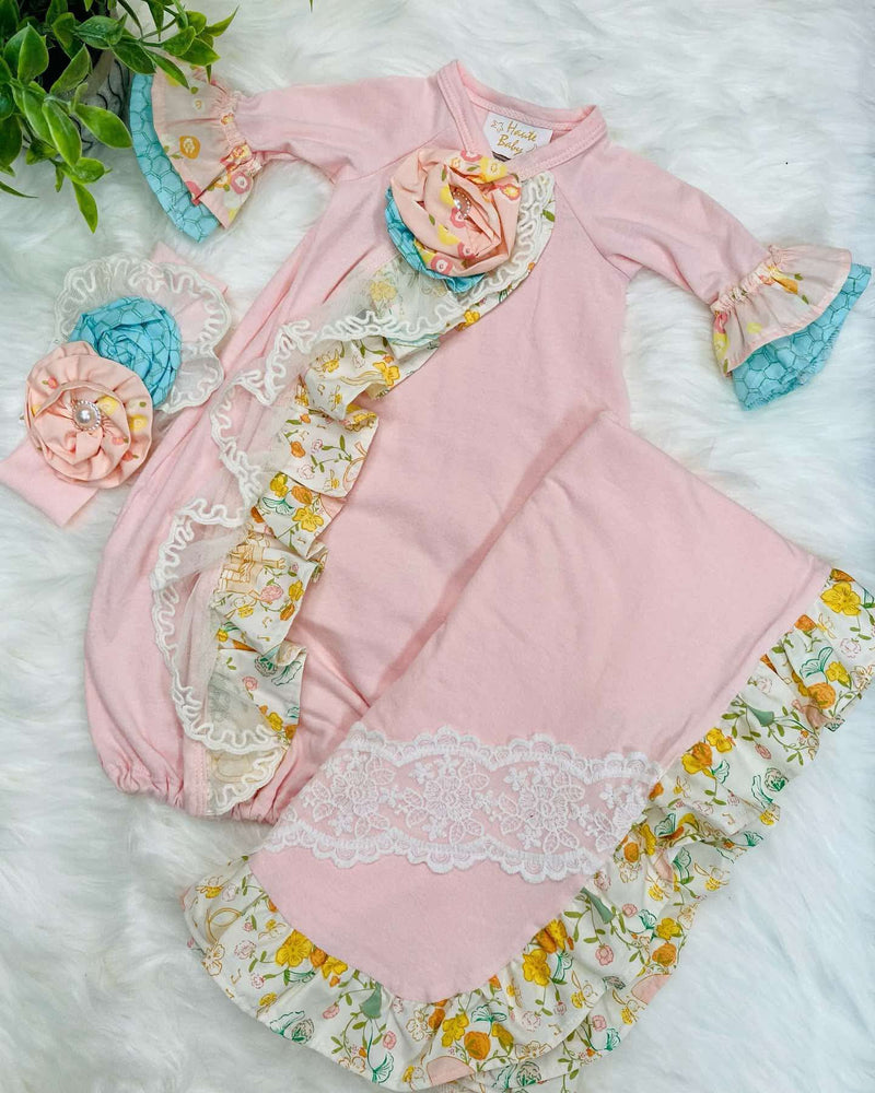 Haute baby pink floral accent gown with blanket and headband