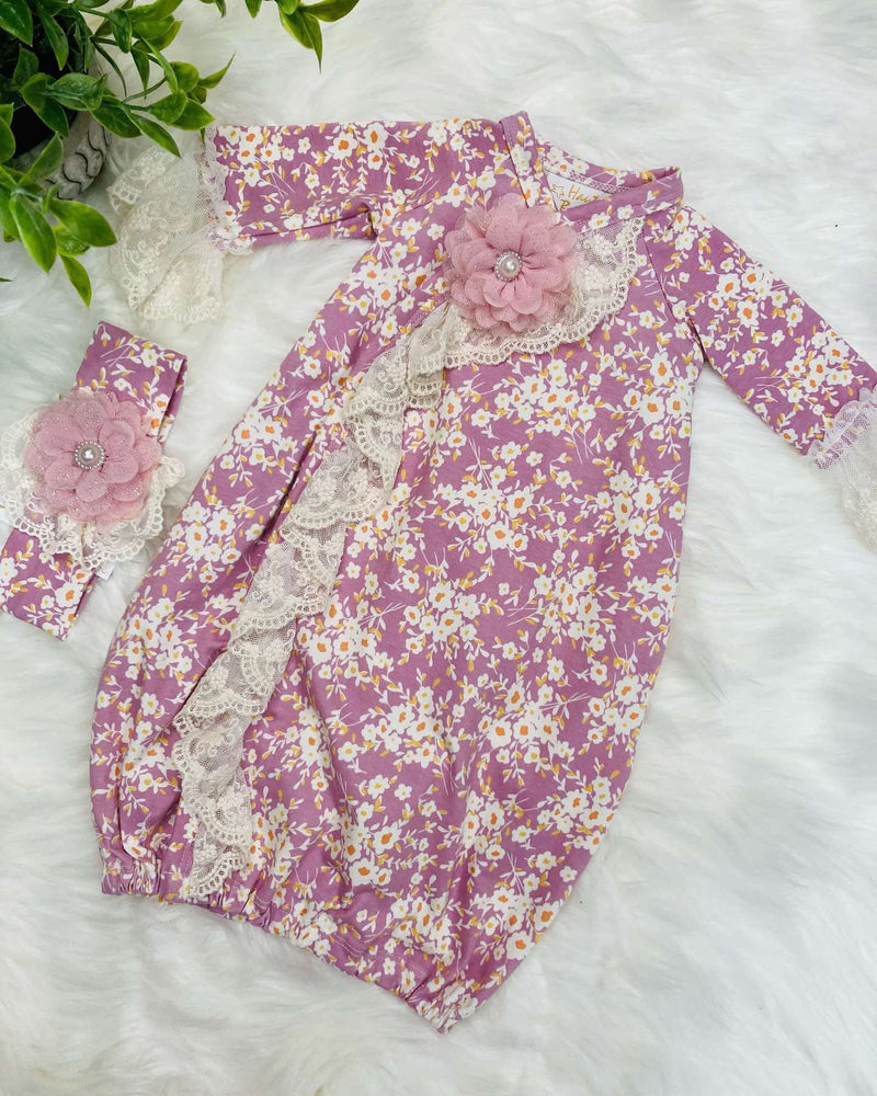 Haute baby purple with floral pattern gown with headband