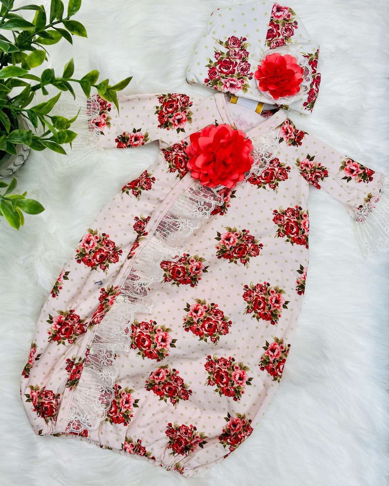 Haute baby red floral gown with hat