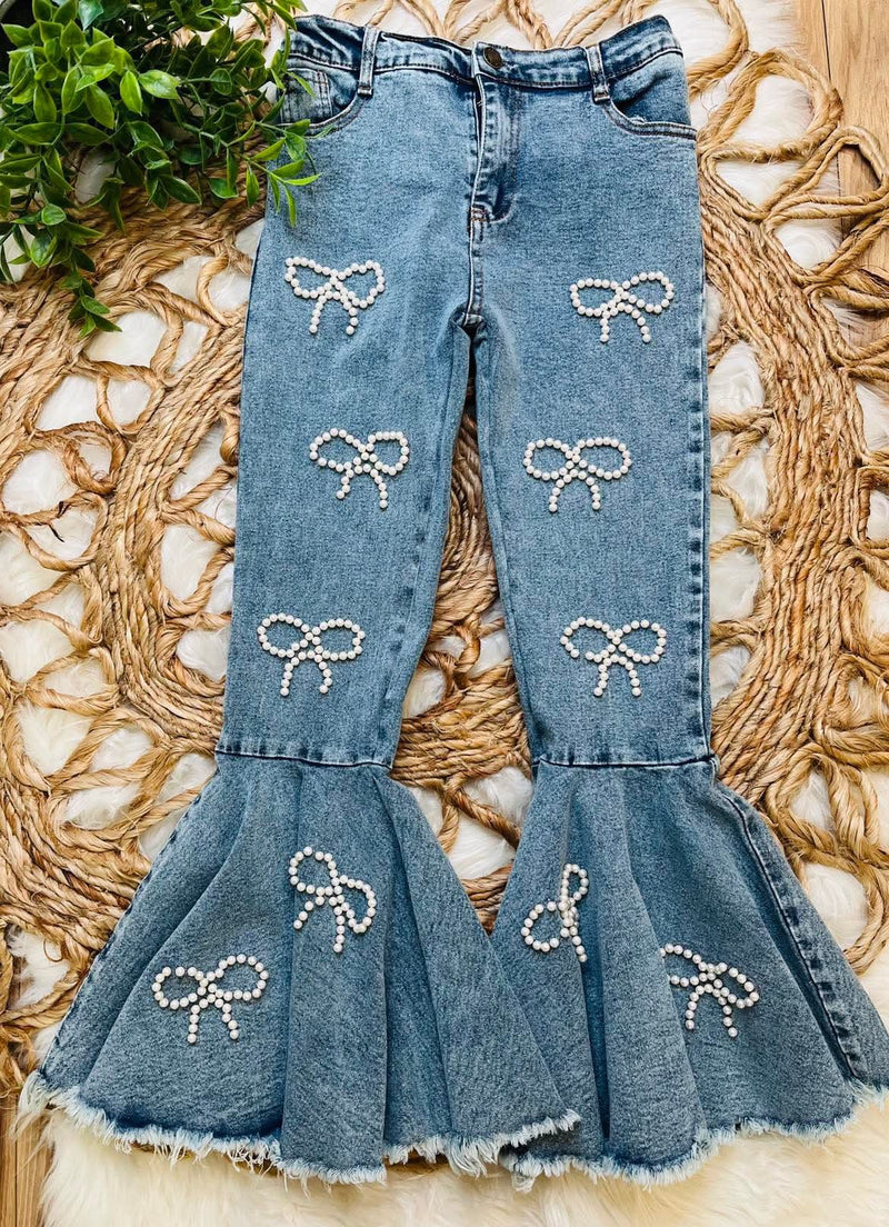 Girls Pearl Bow Flare Jeans