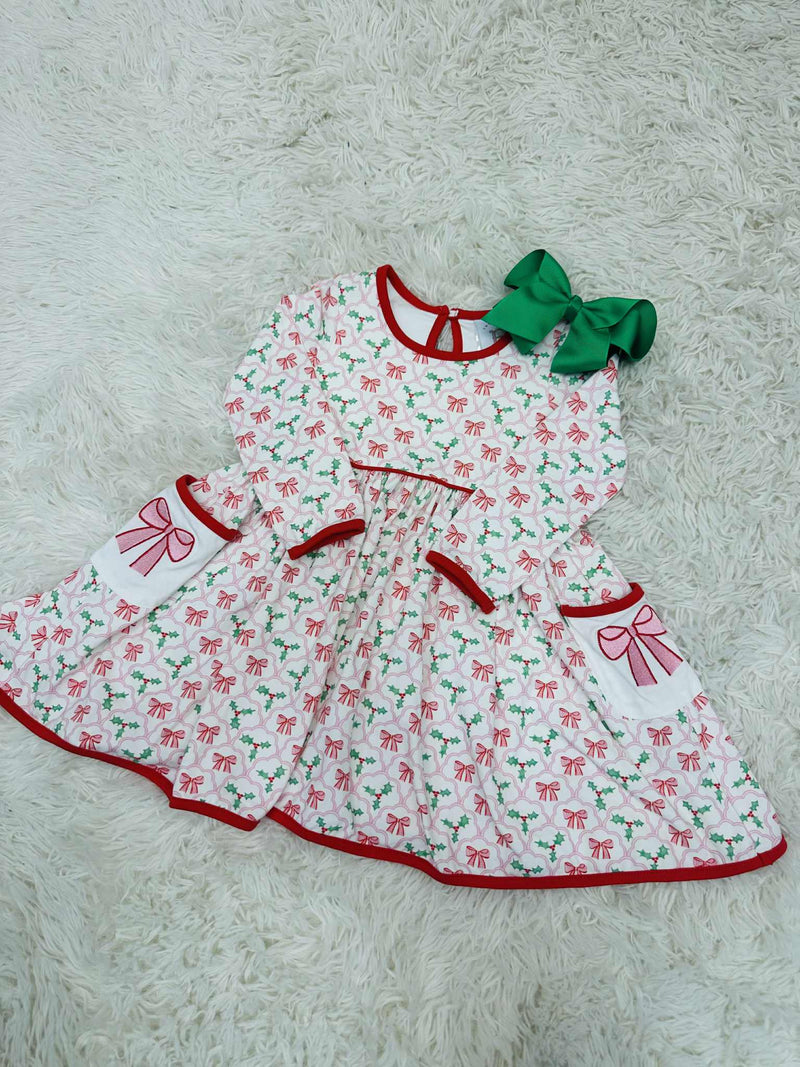 Girl’s Red and Green Bow Dress