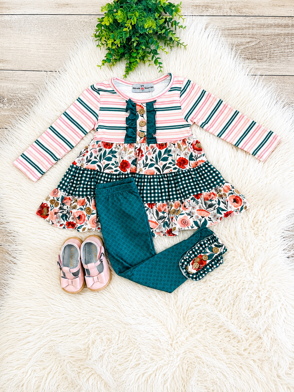Girl’s Gingham Floral Stripe Patterned Outfit