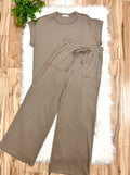 Women’s Zenana Tan Ribbed Cuff Sleeve Pant Set Loose Fit