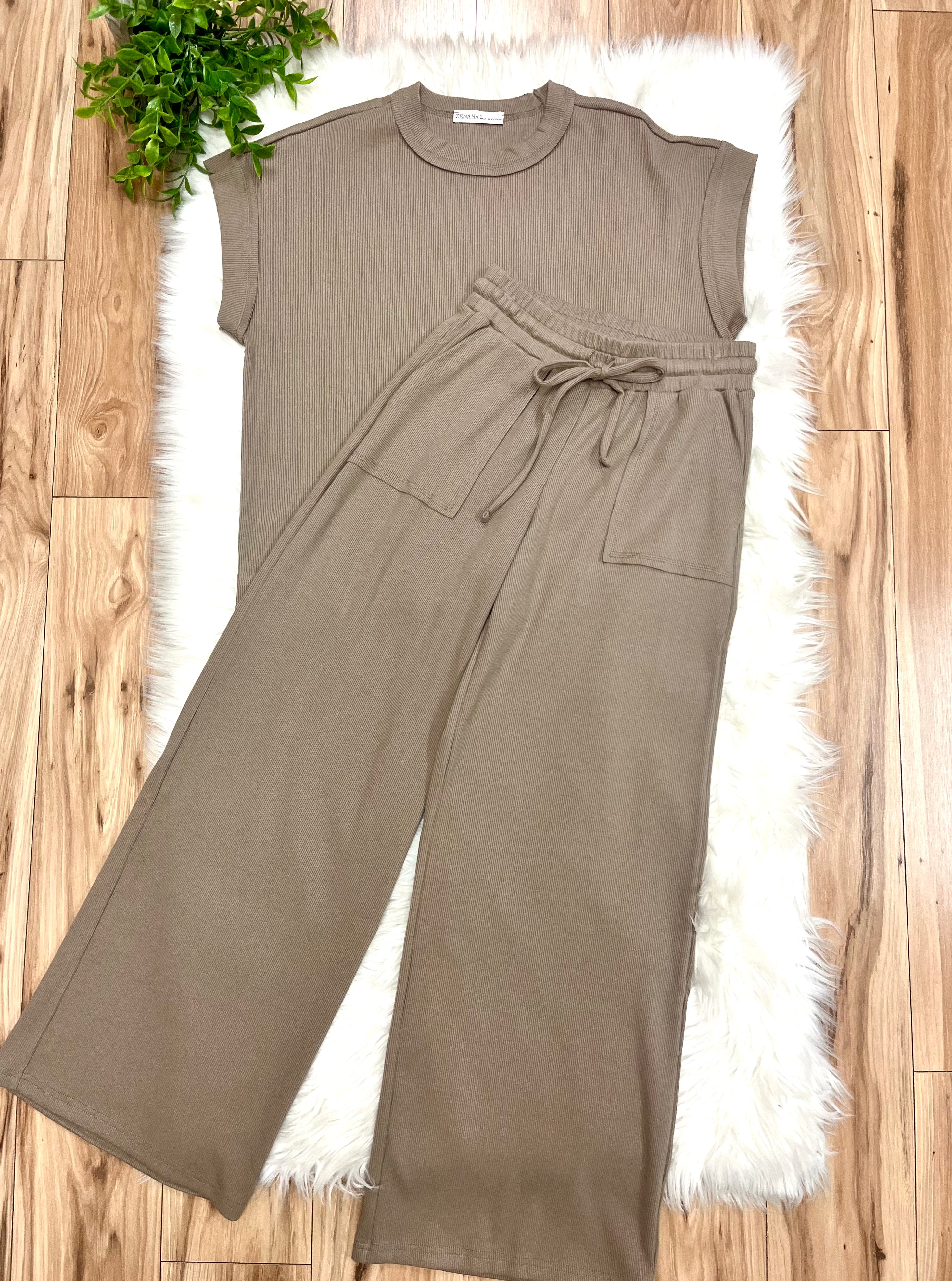 Women’s Zenana Tan Ribbed Cuff Sleeve Pant Set Loose Fit