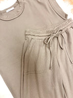 Women’s Zenana Tan Ribbed Cuff Sleeve Pant Set Loose Fit