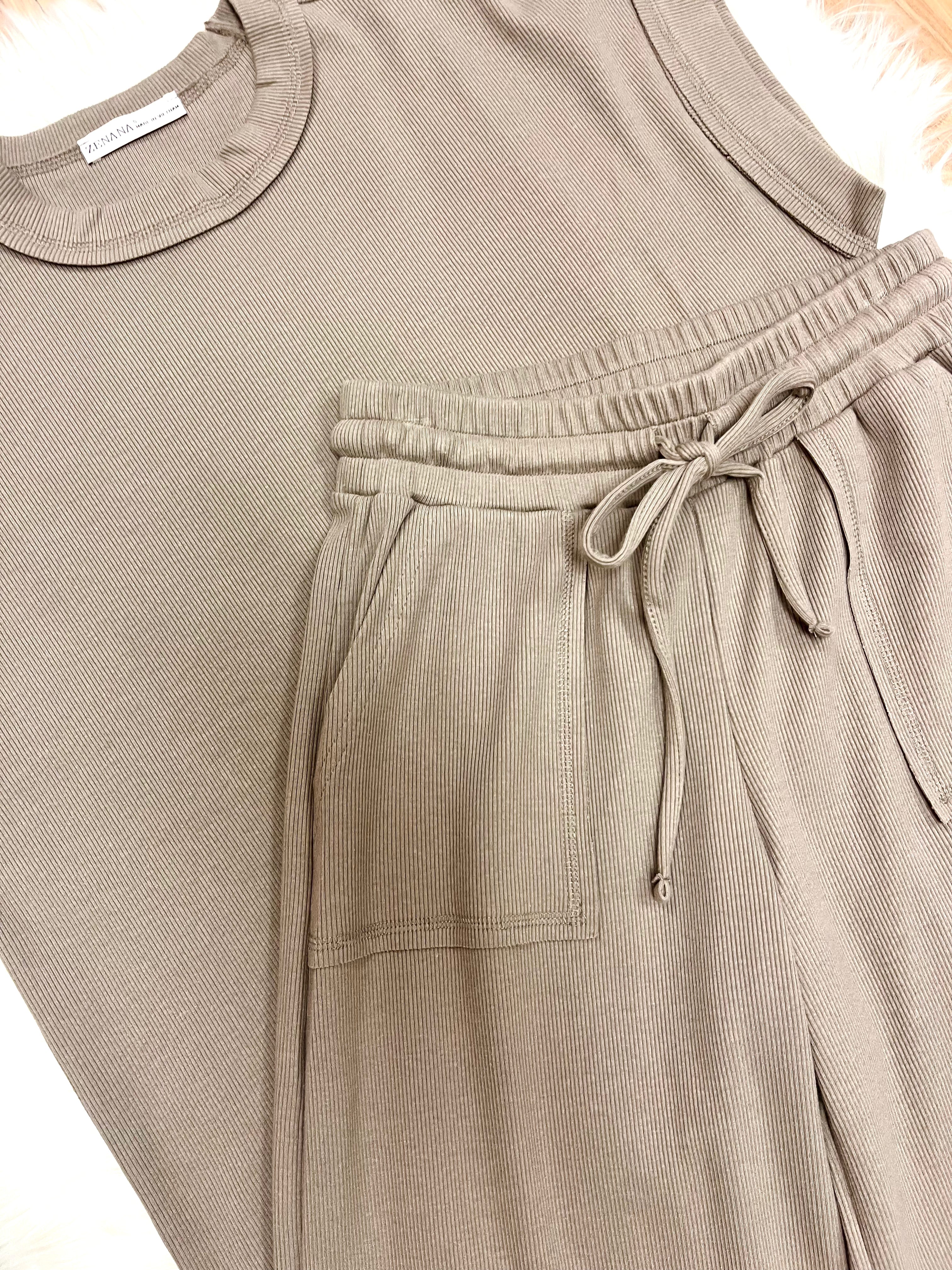 Women’s Zenana Tan Ribbed Cuff Sleeve Pant Set Loose Fit