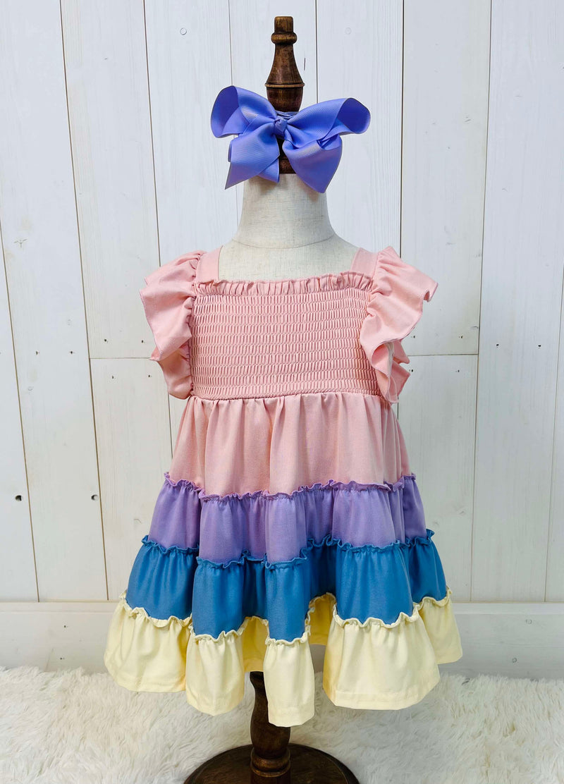 Girls Rainbow Ruffle Smocked Dress