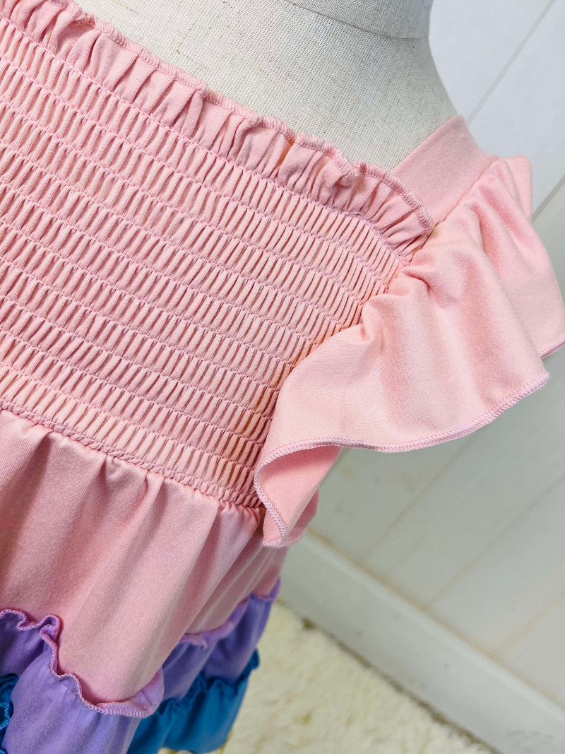 Girls Rainbow Ruffle Smocked Dress