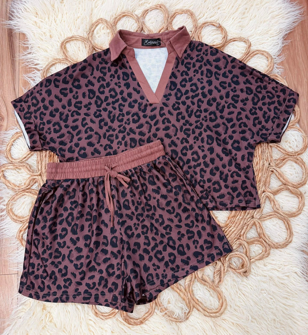 Women’s Collared Cheetah Print Short Set