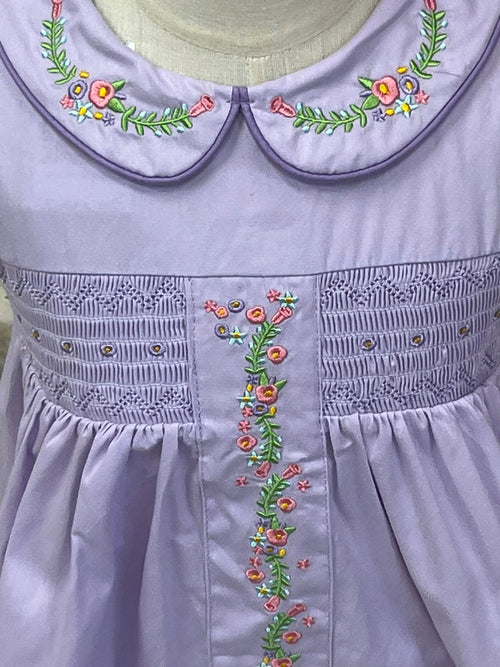 Girls Smocked Lavender Floral Embroidered Girls Dress