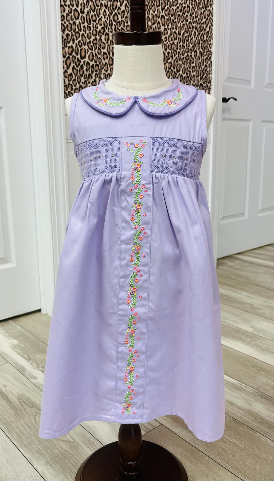 Girls Smocked Lavender Floral Embroidered Girls Dress