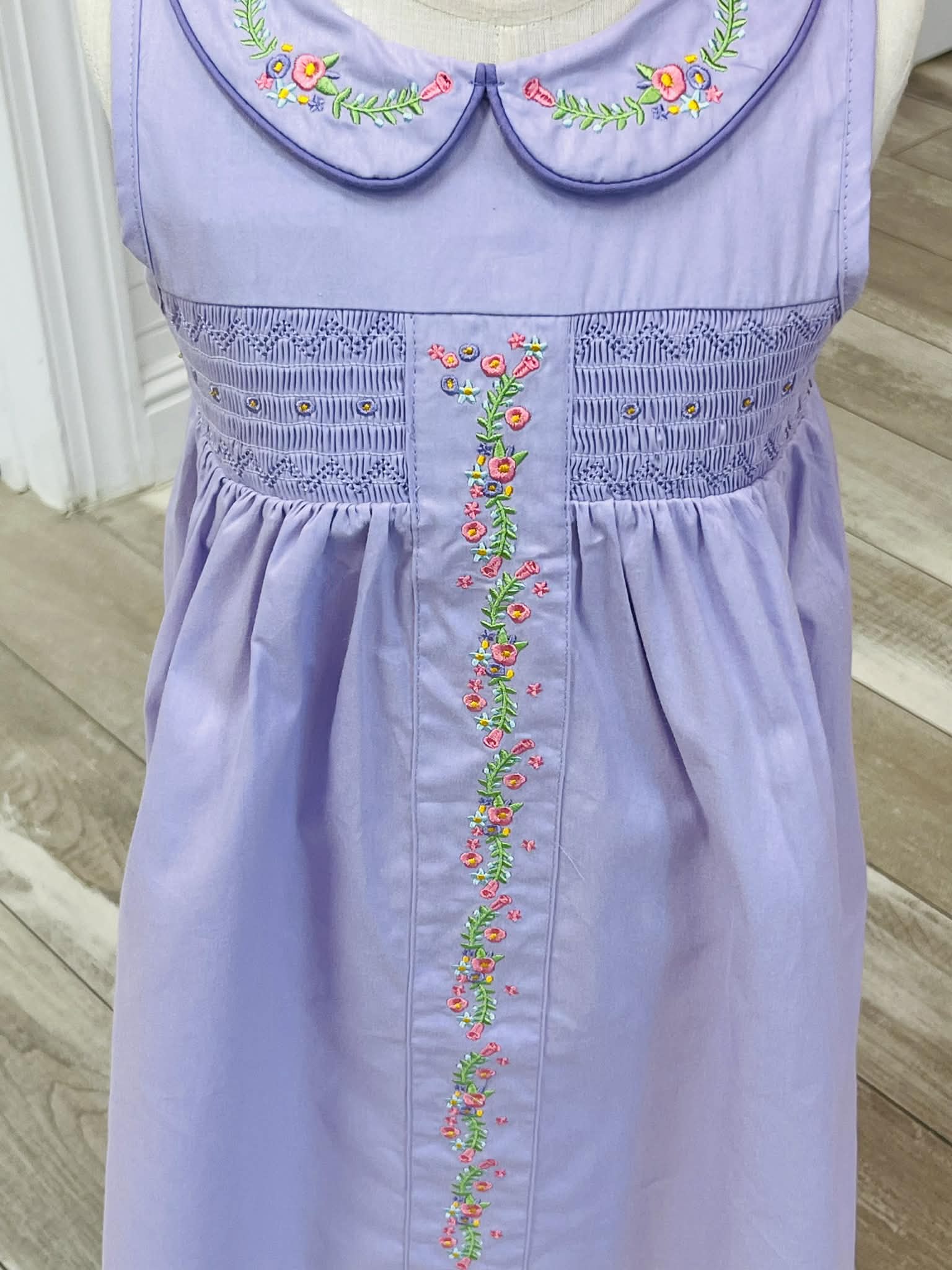 Girls Smocked Lavender Floral Embroidered Girls Dress