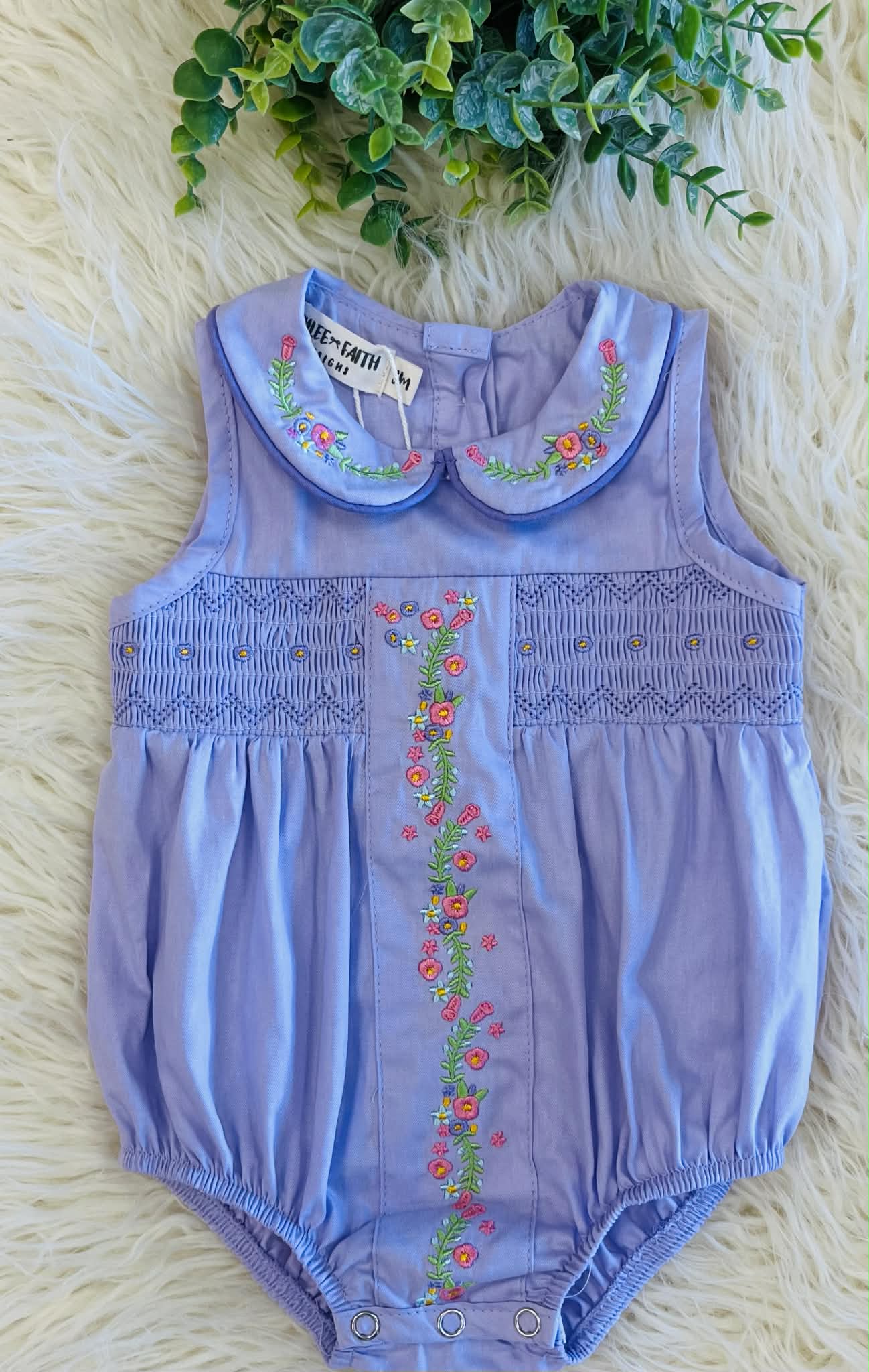 Girls Smocked Lavender Floral Baby Romper