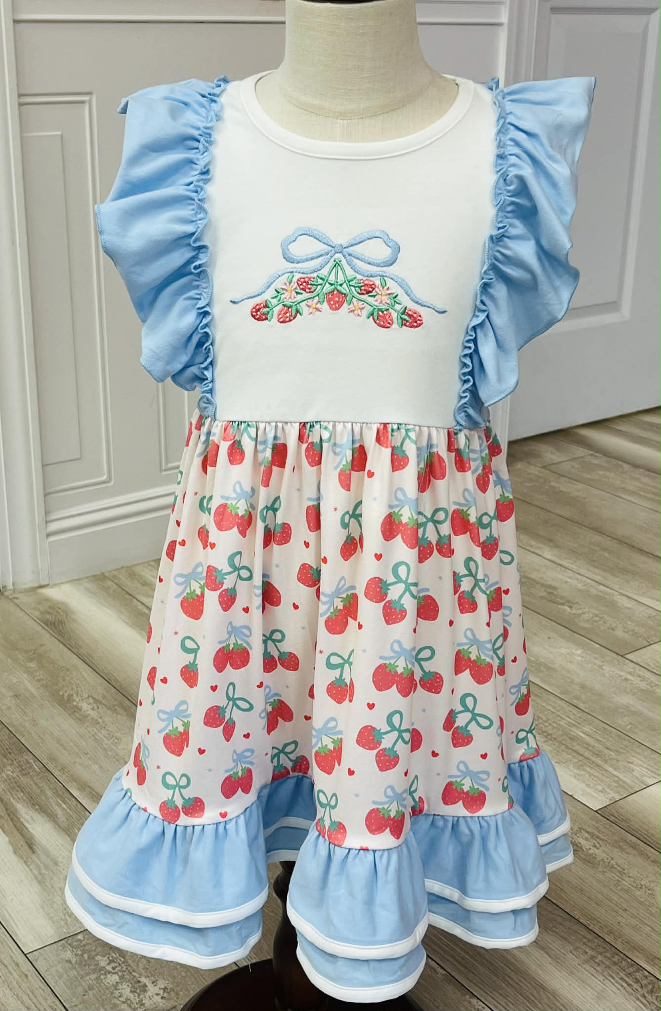 Girls Strawberry Embroidered Ruffle Dress
