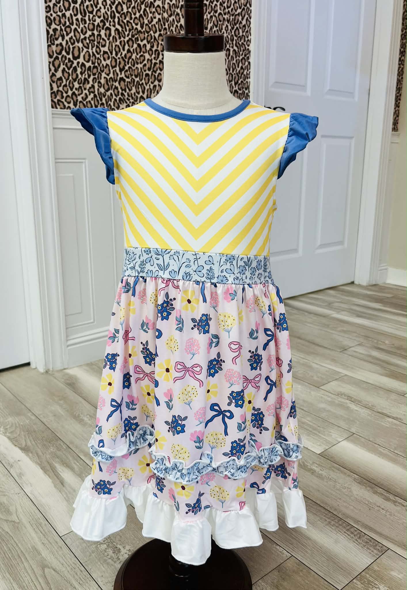 Girls Sunny Striped Floral Ruffle Dress