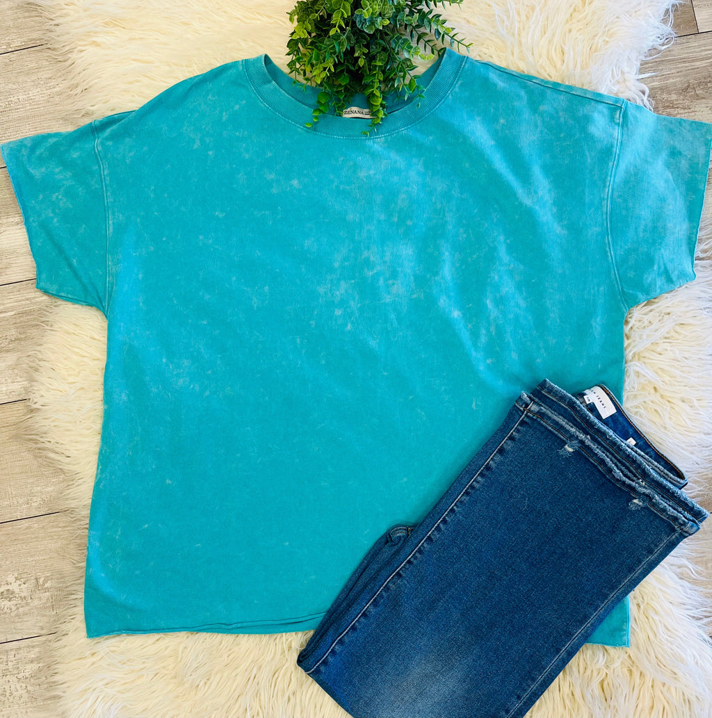 Turquoise Acid Wash Basic Top Women's