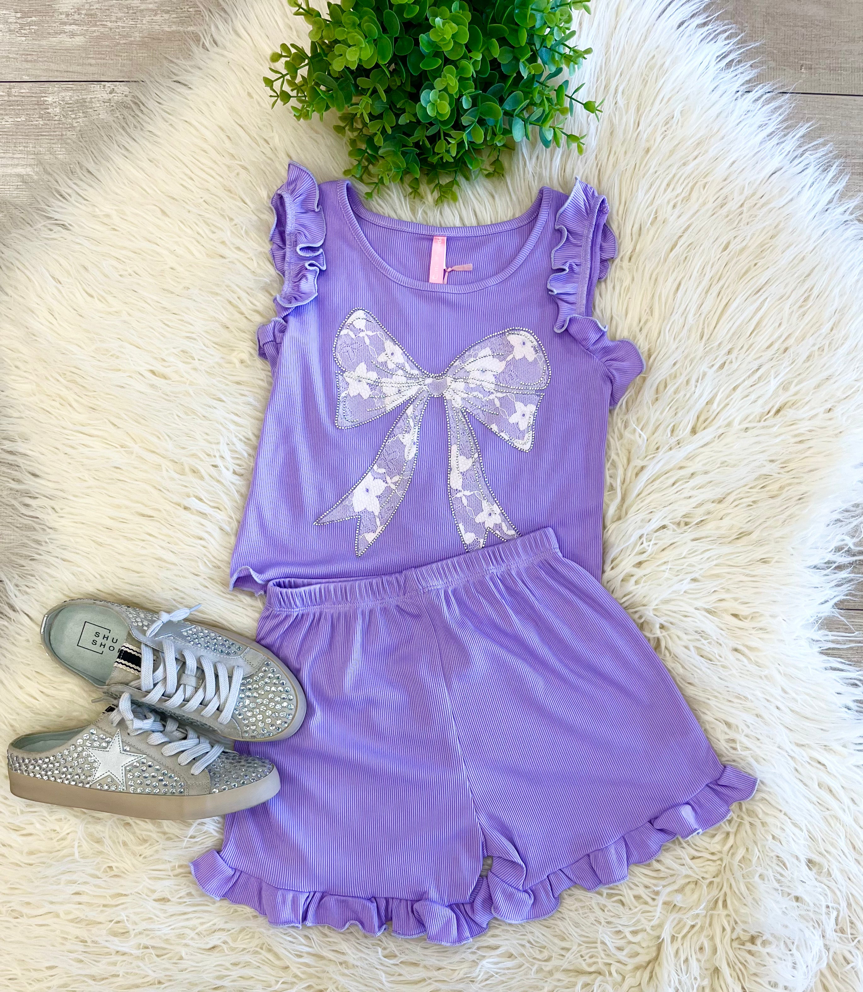 Girls Lavender Bow Detail Short Outfit