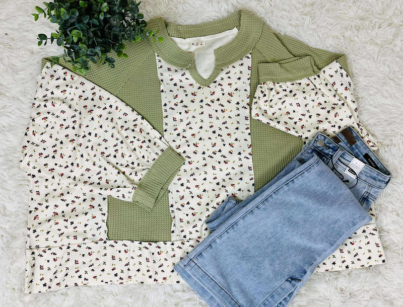 POL Olive Floral Oversized Top