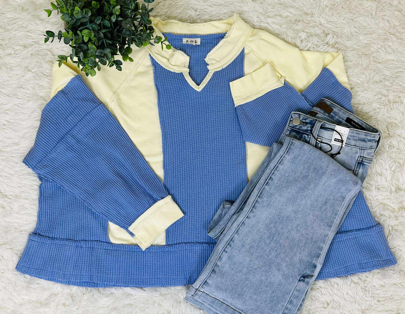 POL Blue Mixed Media Oversized Top