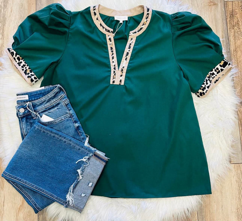 Entro Hunter Green Cheetah Trim Top