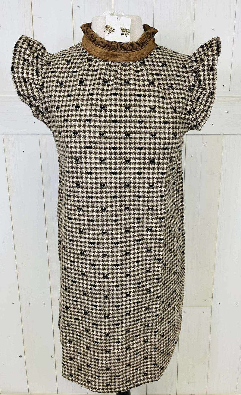 VOY Brown Houndstooth Bow Print Dress