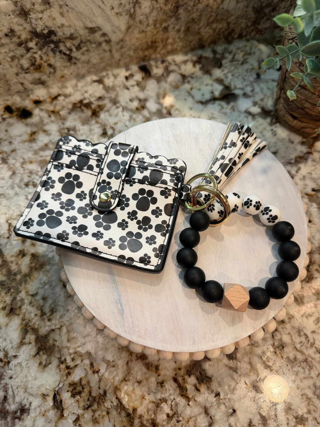 Wristlet ID Badge Pouch Keychain Black/White Paw Print