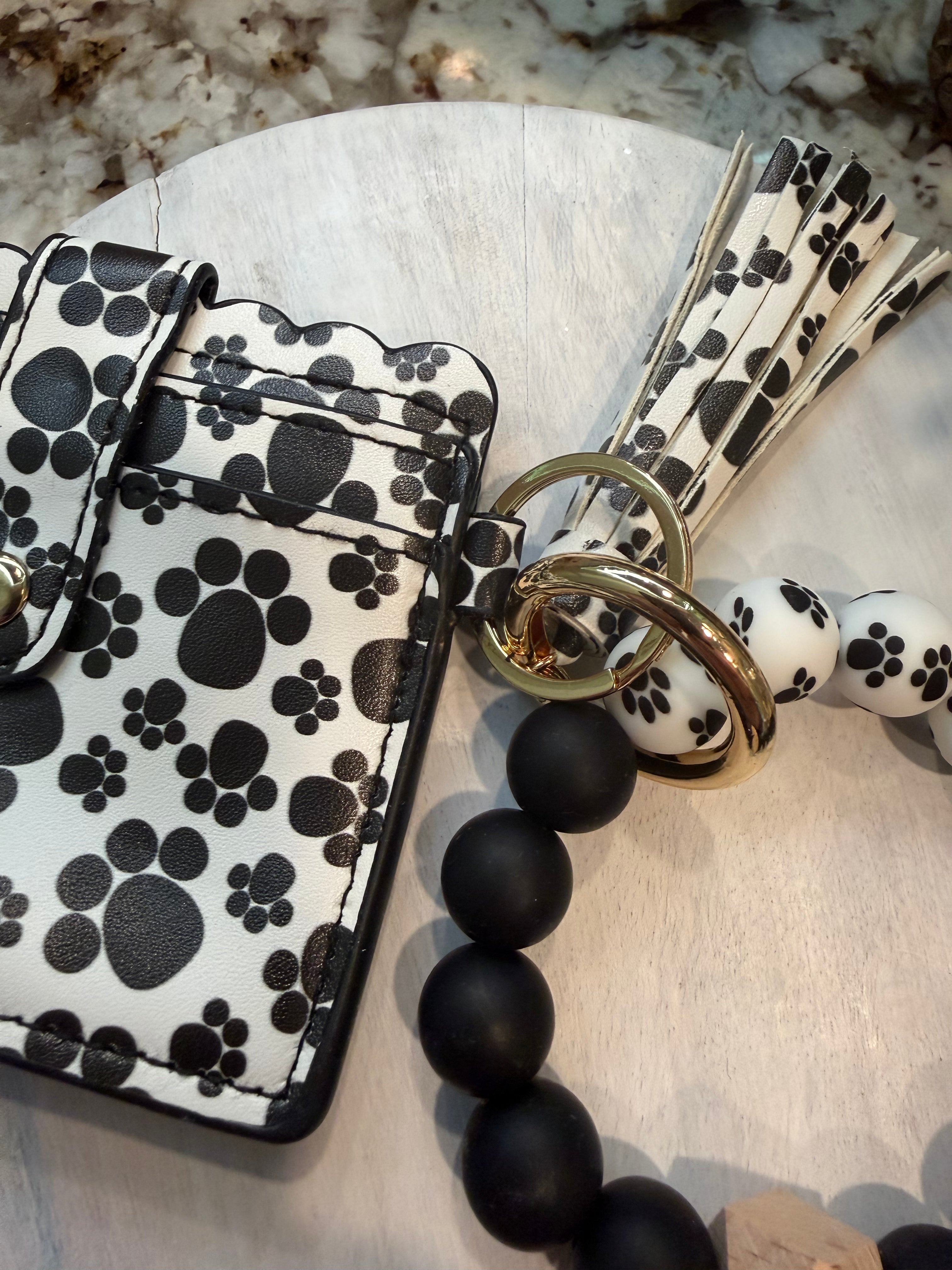 Wristlet ID Badge Pouch Keychain Black/White Paw Print