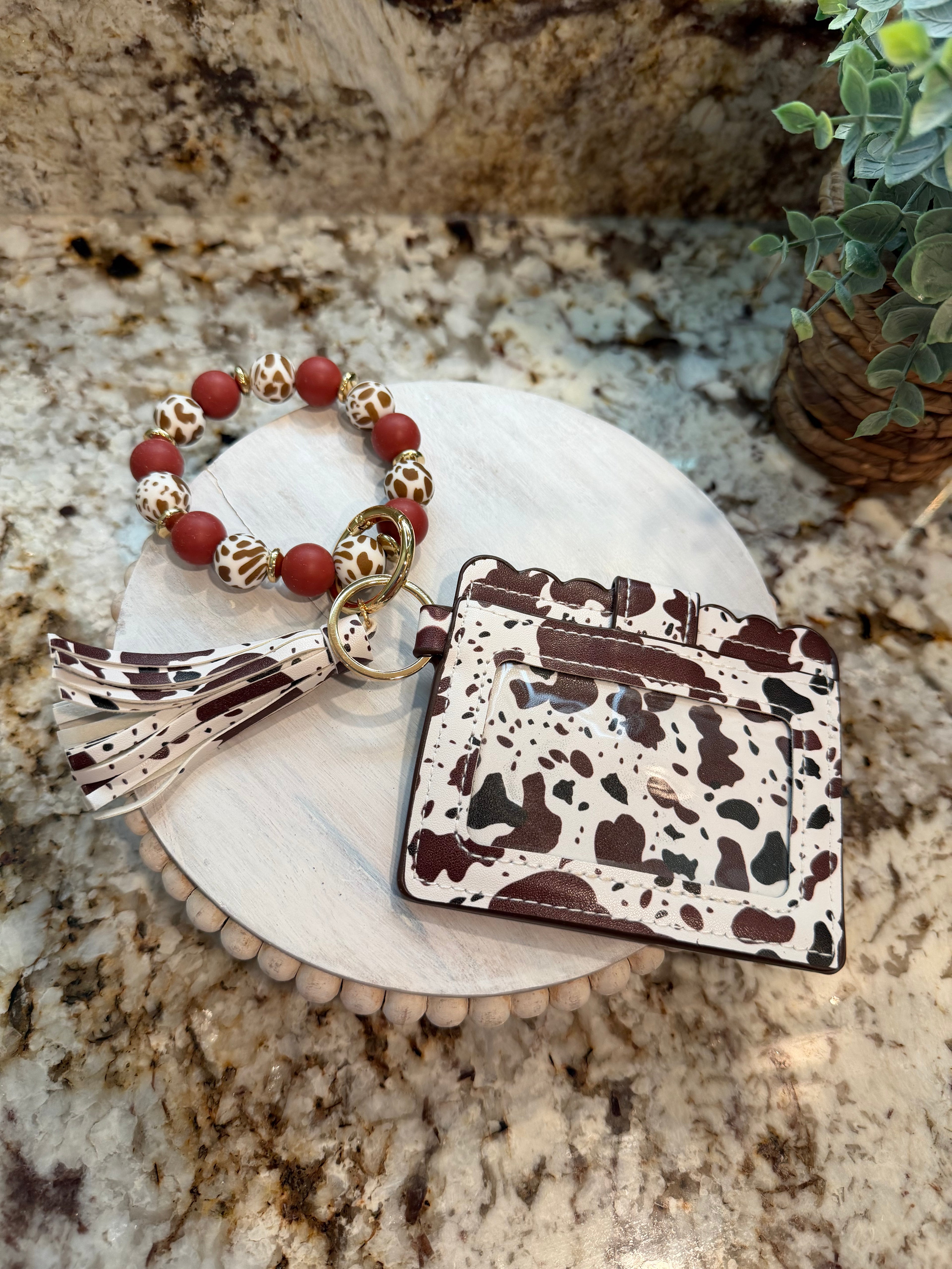 Wristlet ID Badge Pouch Keychain Brown Cow Print