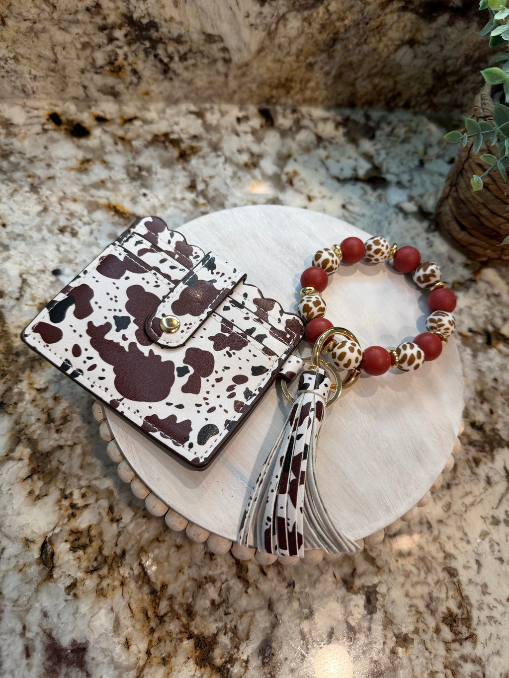 Wristlet ID Badge Pouch Keychain Brown Cow Print