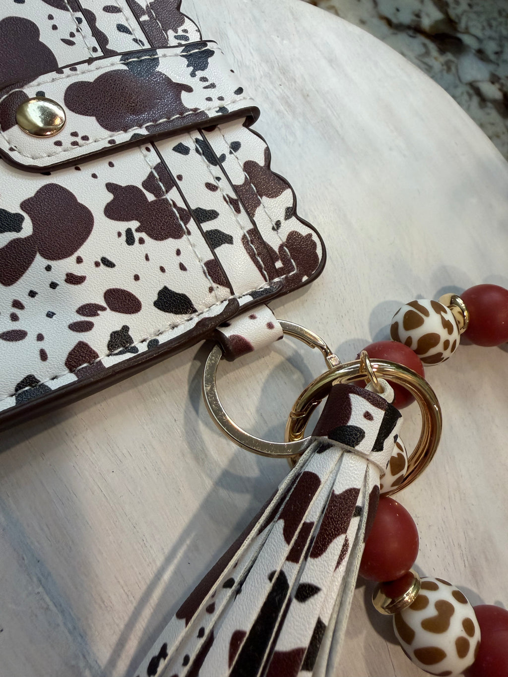 Wristlet ID Badge Pouch Keychain Brown Cow Print