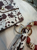 Wristlet ID Badge Pouch Keychain Brown Cow Print