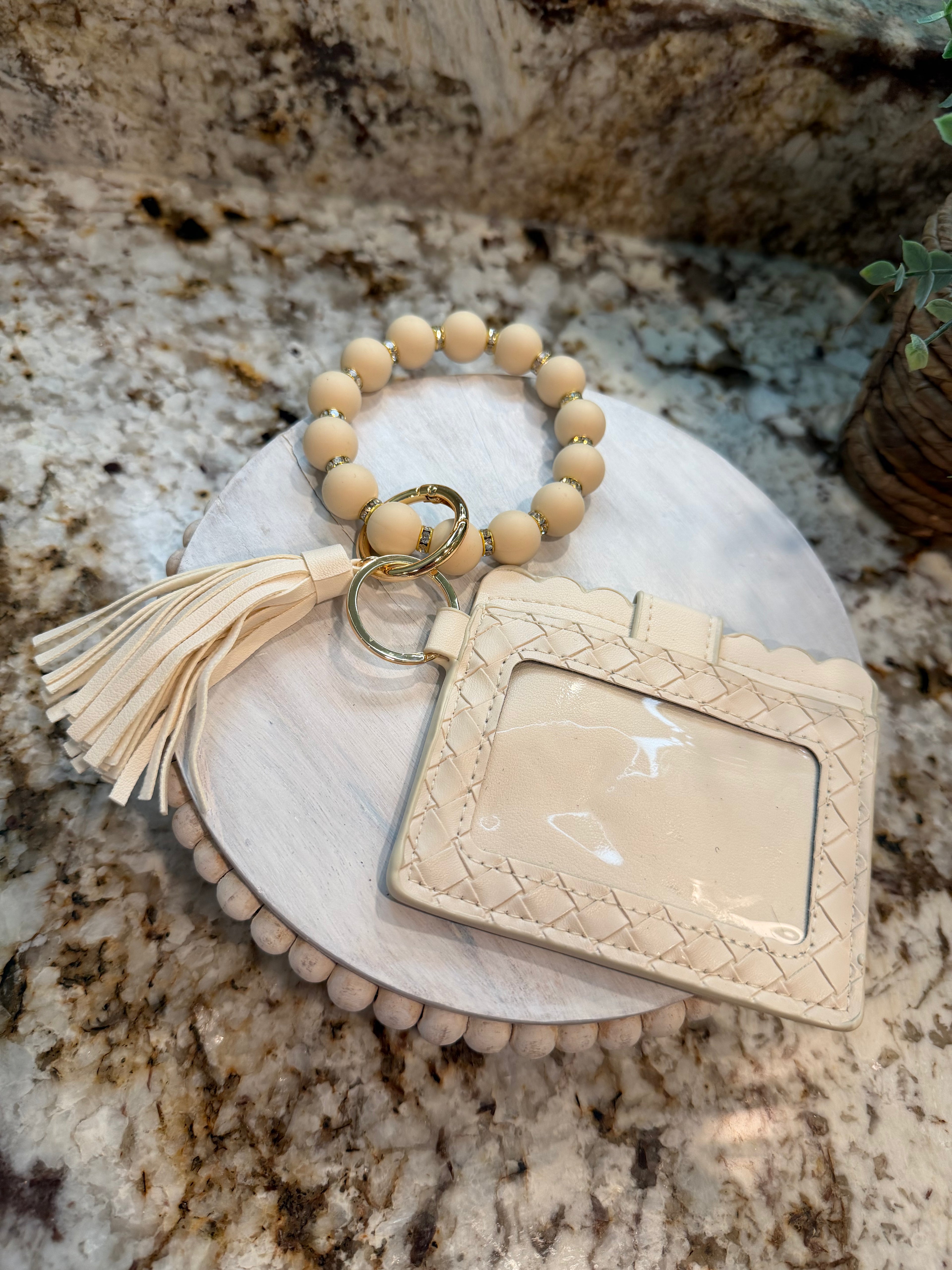 Wristlet ID Badge Pouch Keychain Cream