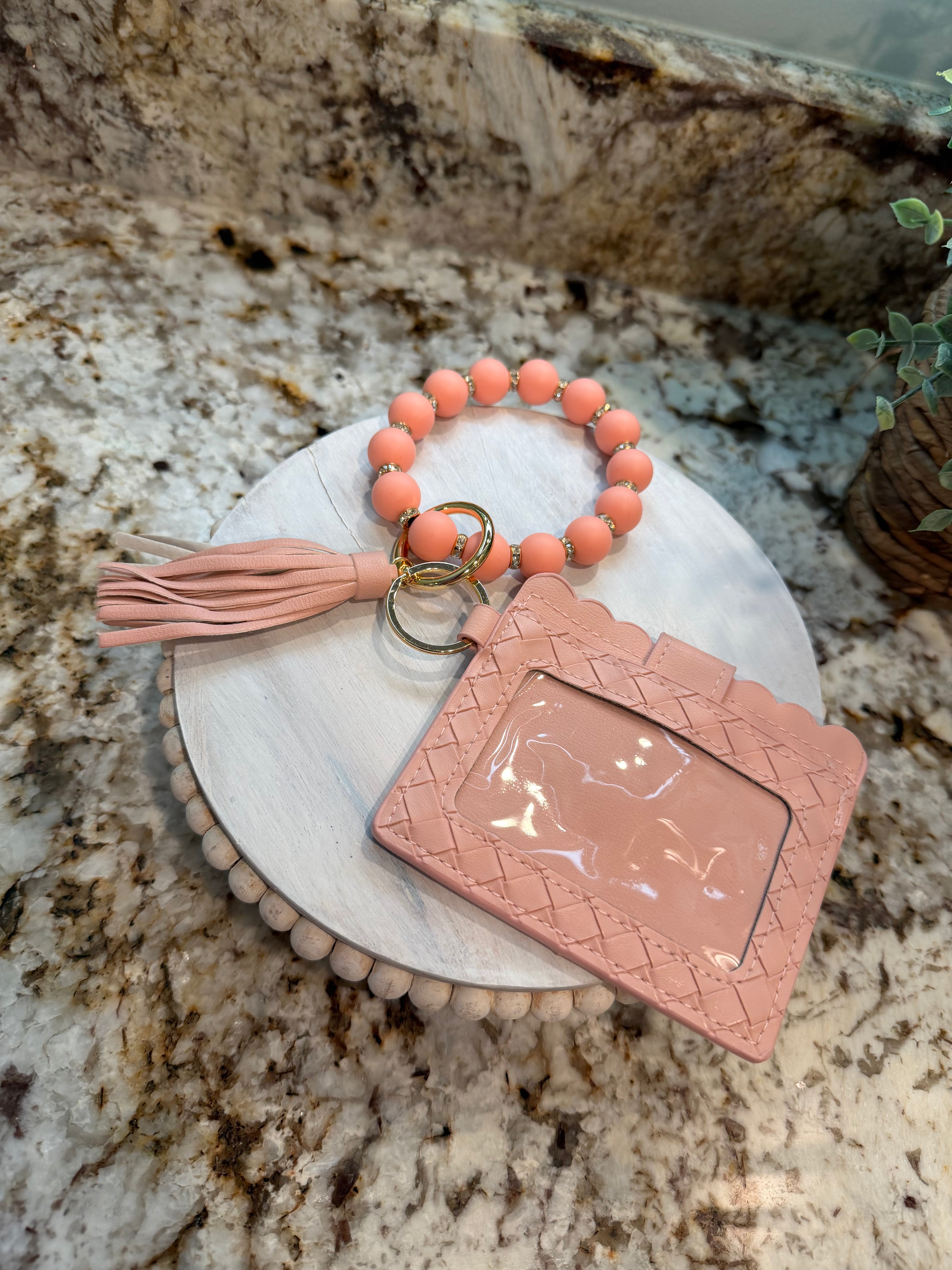 Wristlet ID Badge Pouch Keychain Peach