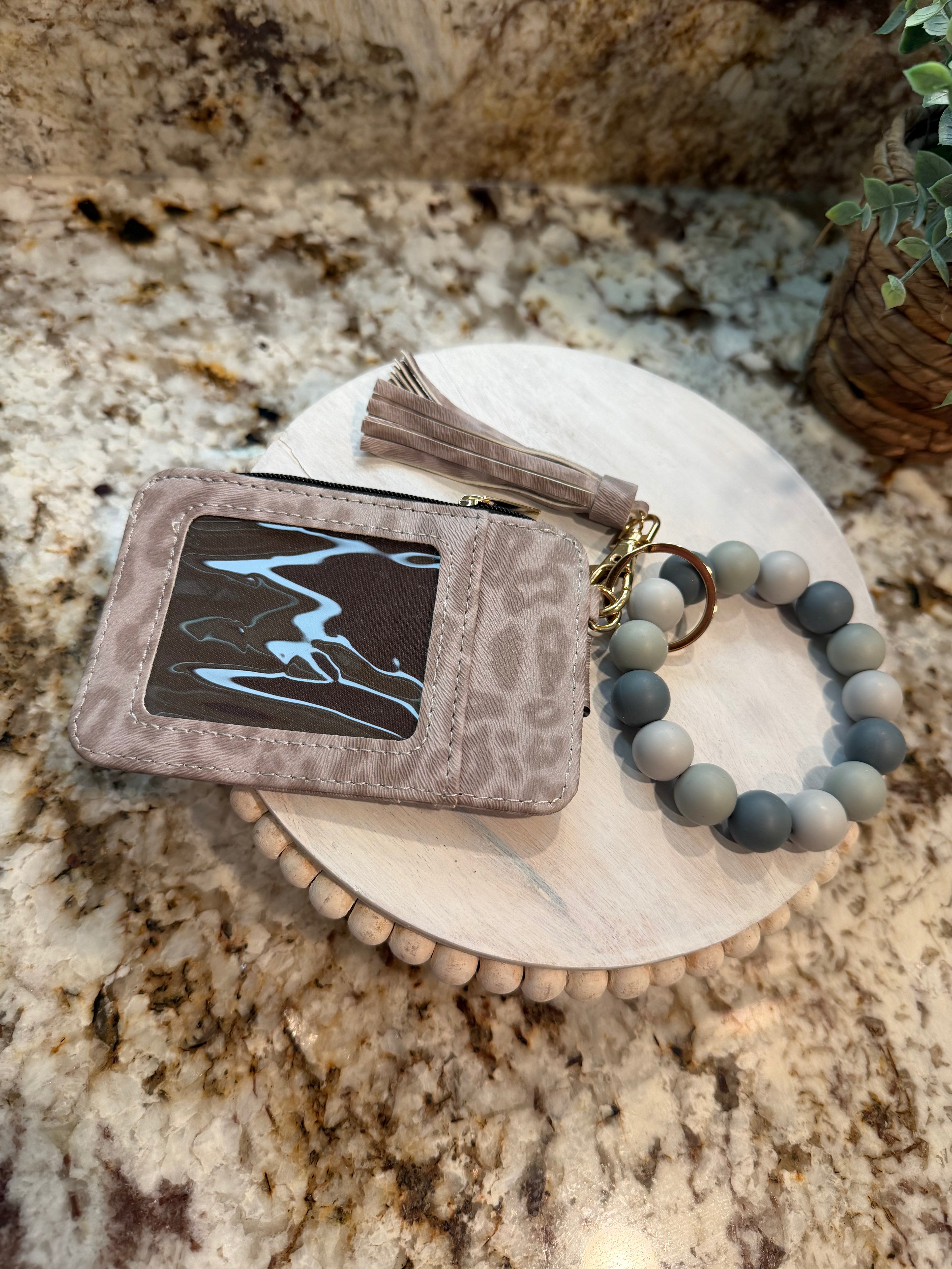 Wristlet ID Badge Zipper Pouch Keychain Cheetah Taupe
