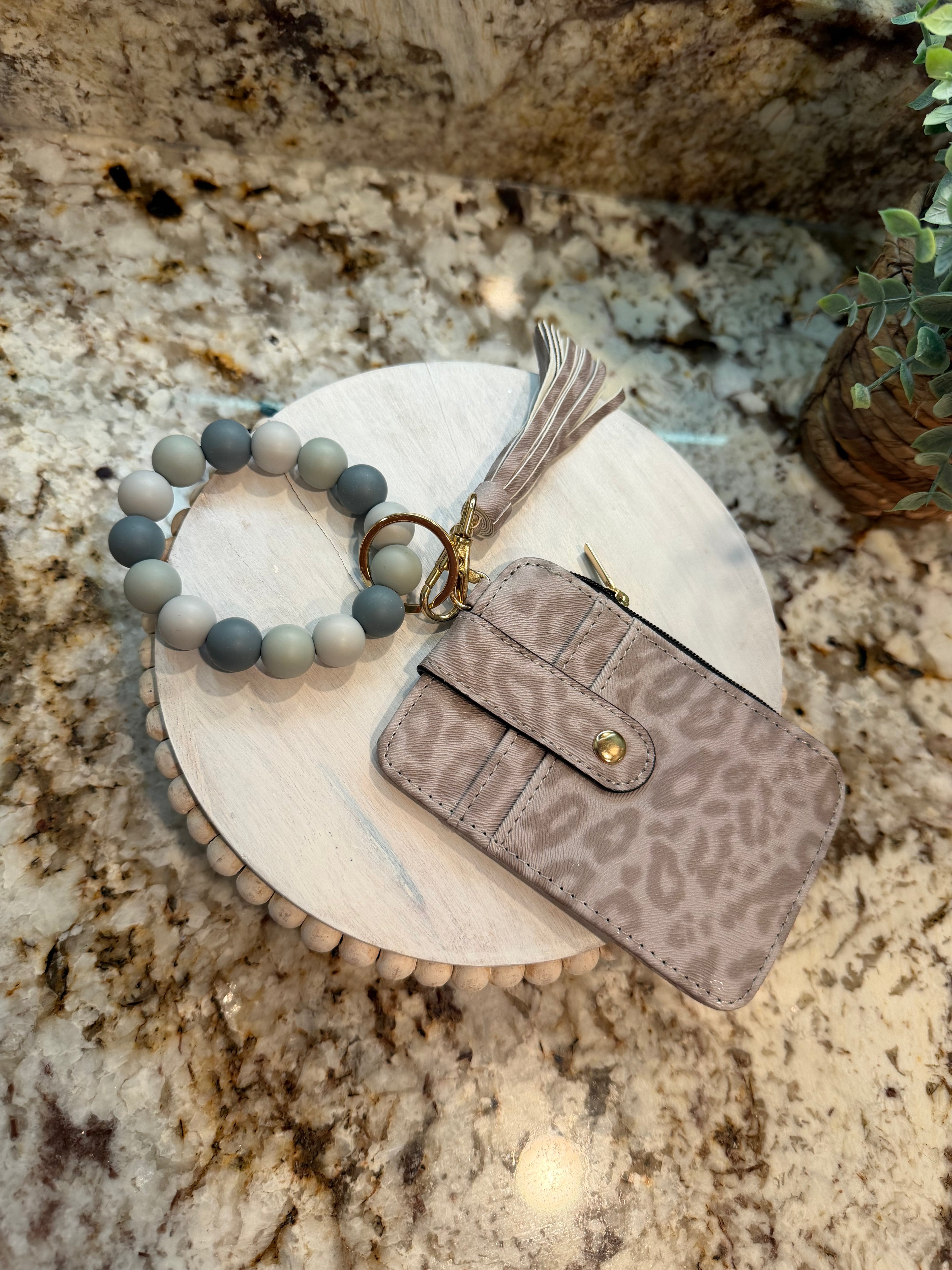 Wristlet ID Badge Zipper Pouch Keychain Cheetah Taupe