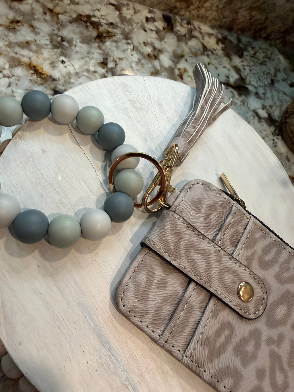 Wristlet ID Badge Zipper Pouch Keychain Cheetah Taupe