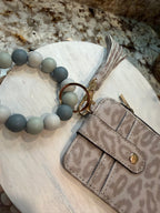 Wristlet ID Badge Zipper Pouch Keychain Cheetah Taupe