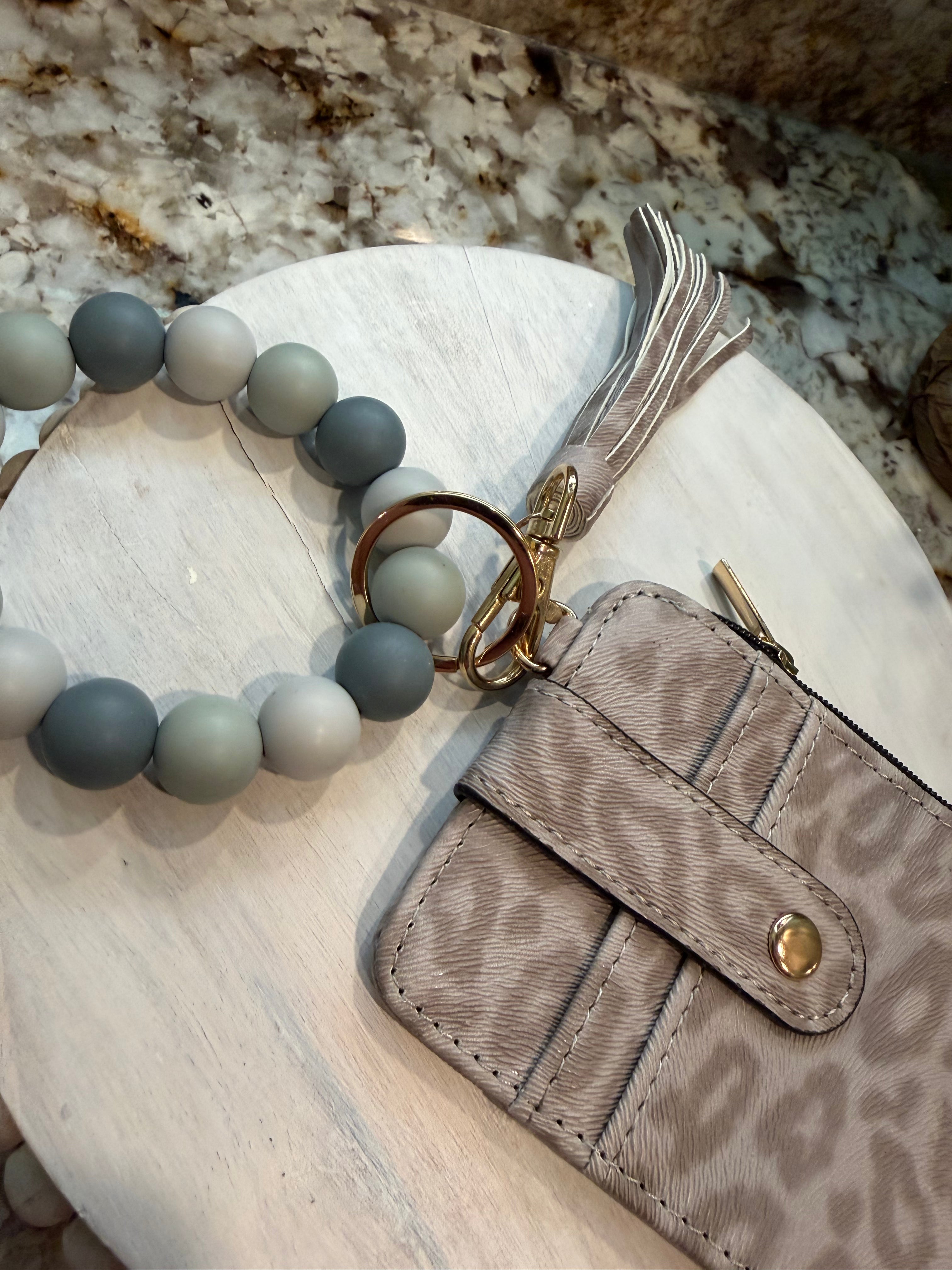 Wristlet ID Badge Zipper Pouch Keychain Cheetah Taupe