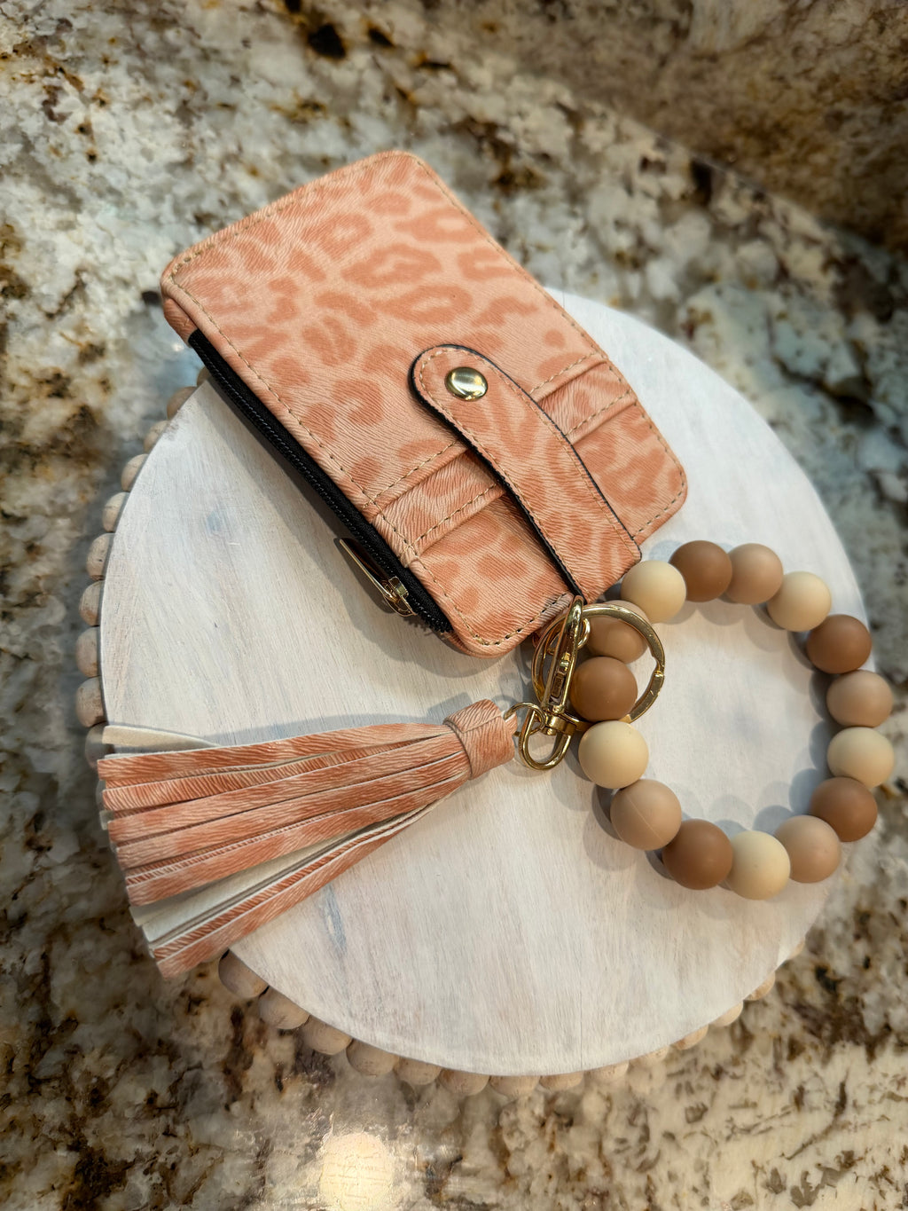 Wristlet ID Badge Zipper Pouch Keychain Cheetah Peach
